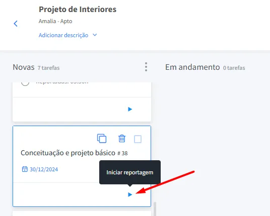 Interface do Kanban no FlowUp destacando o botão para iniciar o cronômetro e registrar horas em uma tarefa específica.