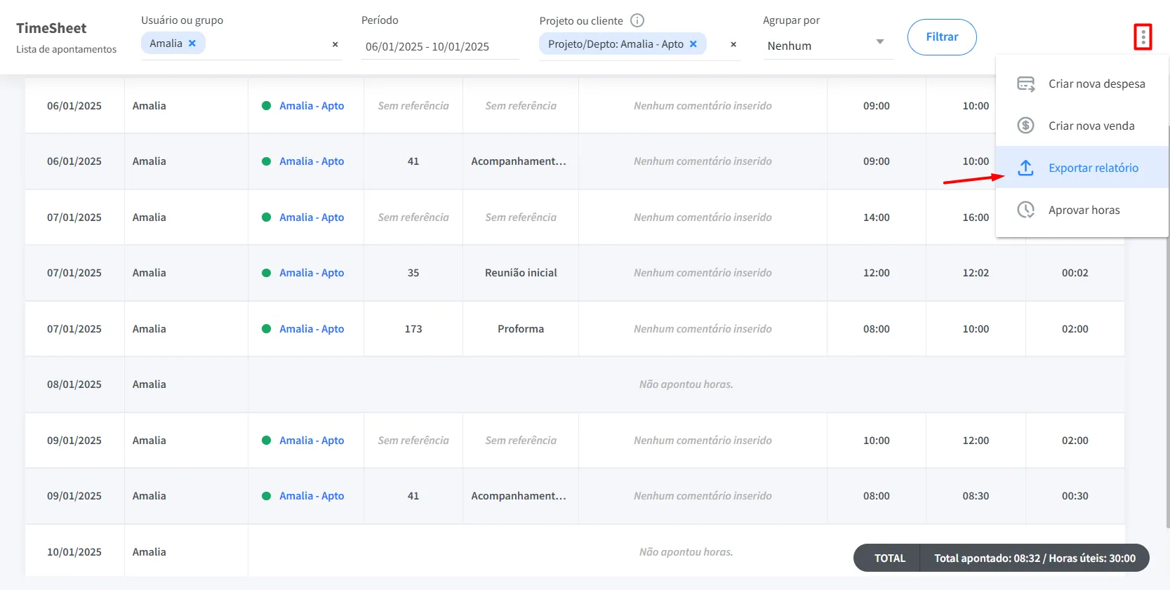 Tela do FlowUp mostrando relatórios de timesheet com opção de exportação, ideal para compartilhar dados de produtividade com equipes e clientes.