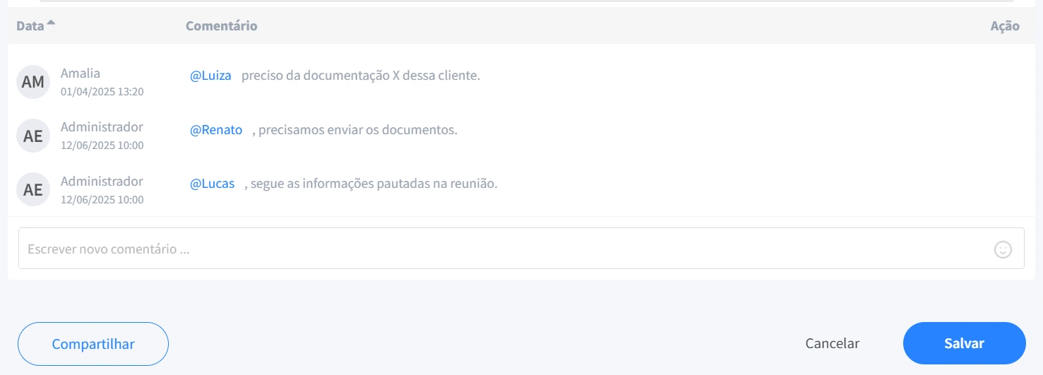 Tela de comentários do FlowUp com menções a membros da equipe, exibindo histórico de mensagens e contexto atualizado para facilitar comunicação e alinhamento.