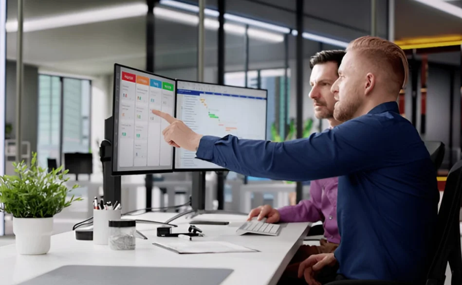 Profissionais analisando painel visual de projeto durante briefing para acompanhar tarefas, decisões e andamento do planejamento