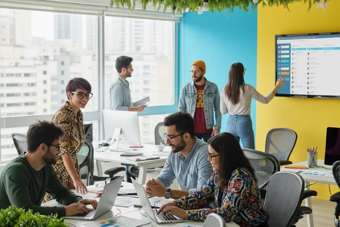 Equipe diversa de profissionais brasileiros trabalhando em escritório moderno, utilizando software de gestão de projetos.