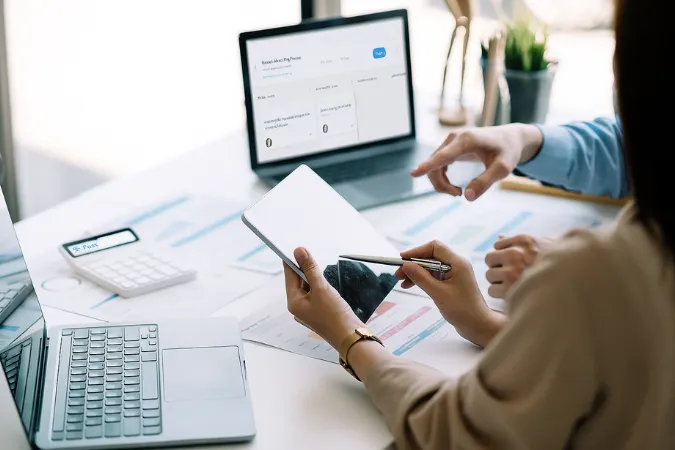 Duas pessoas analisando o fluxo de tarefas em um software de gerenciamento de serviços na tela do notebook