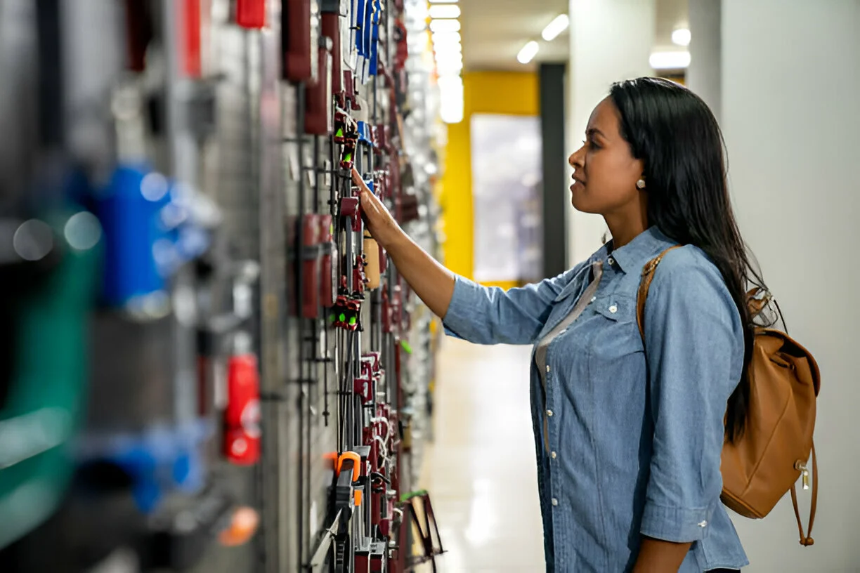Profissional avaliando opções de materiais de construção em loja especializada para planejamento inicial de projeto