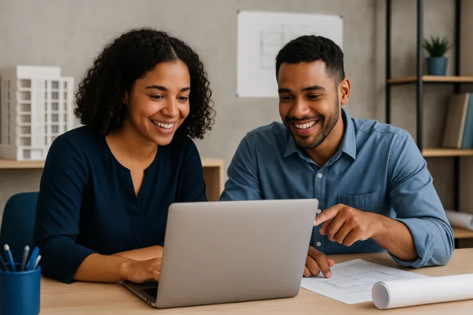 Equipe colaborando em projeto utilizando gerenciador de tarefas online.