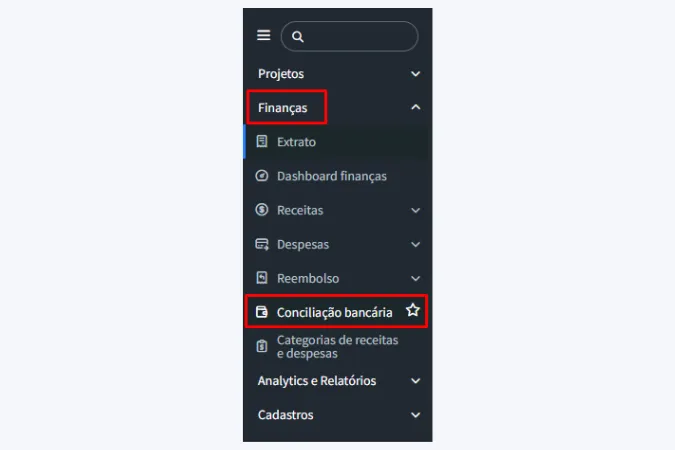 Captura de tela do menu de finanças do FlowUp destacando a opção de conciliação bancária automática para integrar contas e simplificar o controle financeiro.