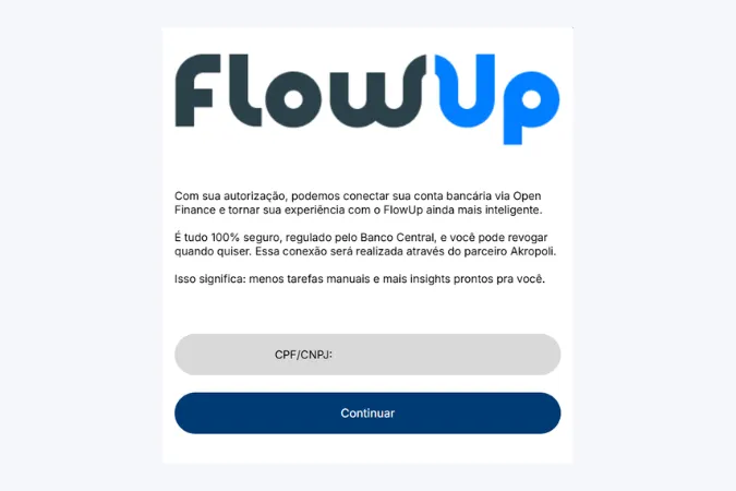 Tela de autorização do FlowUp para conectar conta bancária via Open Finance, garantindo segurança regulada pelo Banco Central.