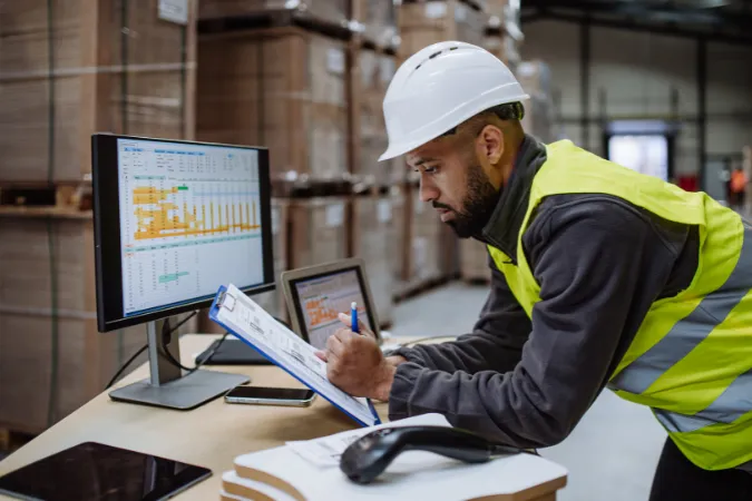 Engenheiro conferindo cronogramas e tarefas com software de gestão de tarefas em ambiente industrial