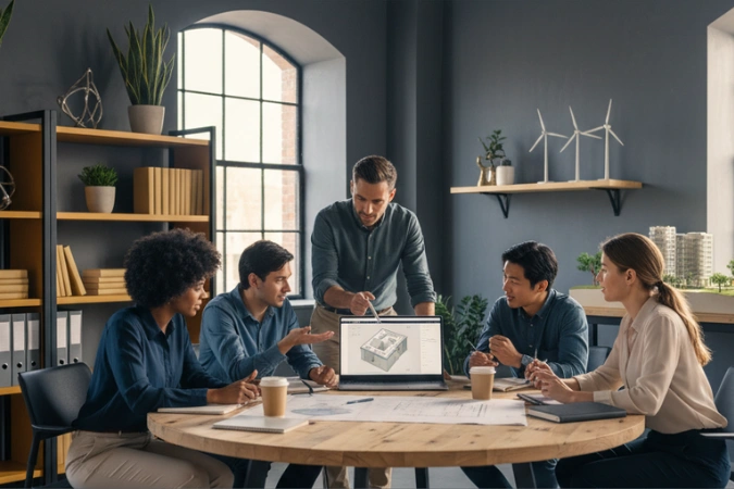 Cinco profissionais em escritório de engenharia discutem métricas de eficiência em torno de um laptop com projeto em 3D.