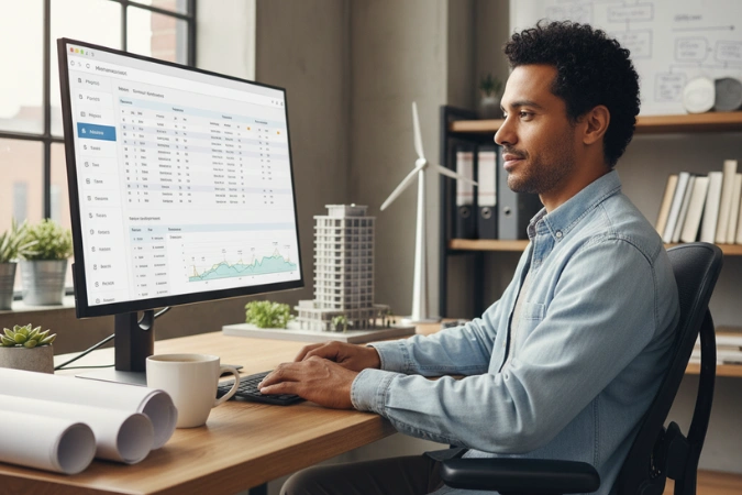 Profissional de engenharia acompanha gráficos financeiros e relatórios de desempenho em tela de computador.