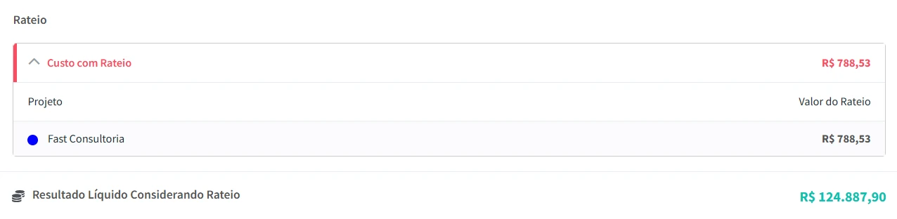 Exemplo de relatório de resultados no FlowUp com custo de rateio e valor líquido consolidado do projeto.