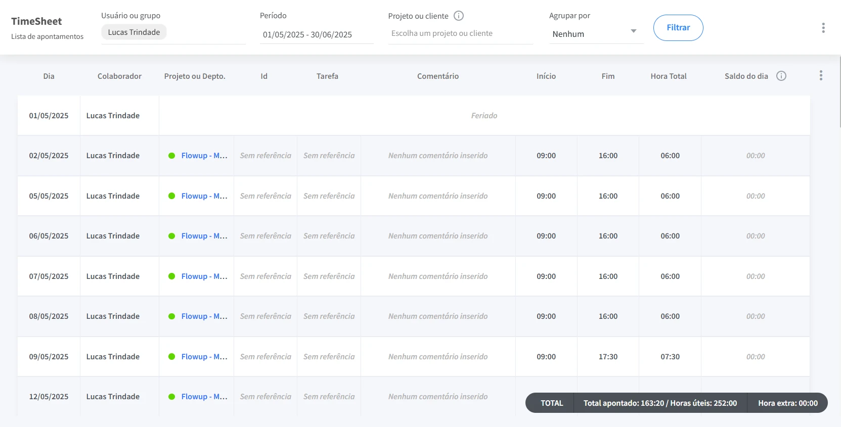 Exemplo de relatório de timesheet no FlowUp, com registro de horas trabalhadas, total apontado e horas úteis por colaborador.