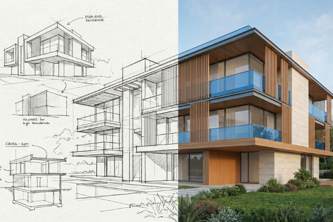 Composição mostrando o croqui arquitetônico de uma residência moderna ao lado do render final hiper-realista do mesmo projeto.
