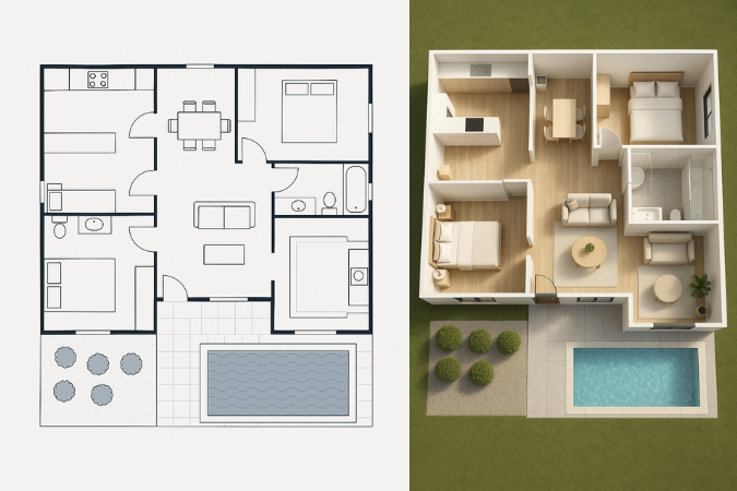 Comparação entre planta baixa técnica em 2D e modelo arquitetônico renderizado em 3D com jardim e piscina.