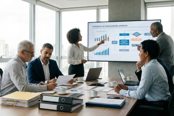 Equipe de consultoria em reunião estratégica analisando gráficos e indicadores em tela, utilizando entregáveis essenciais de consultoria para apoiar decisões e priorizações.