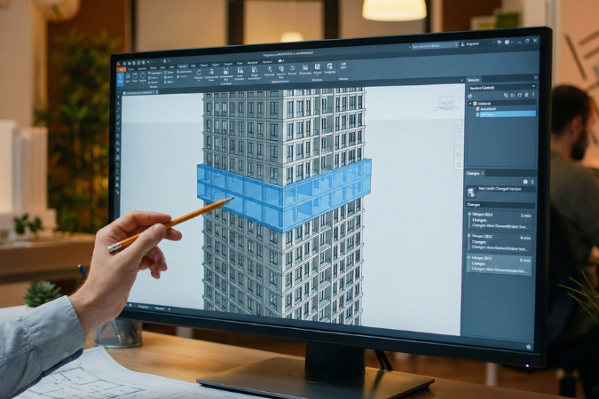 Profissional apontando para um modelo BIM 3D de um edifício em edifício, destacando um pavimento com transparência azul em software de arquitetura.