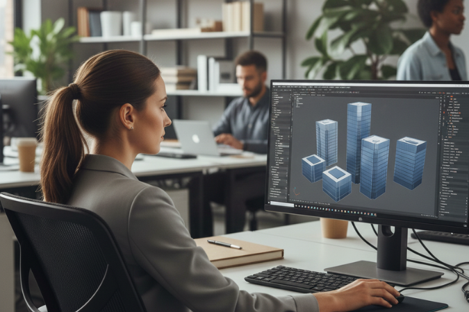 Arquiteta trabalhando em um software 3D com volumetrias de edifícios, em ambiente de escritório colaborativo.