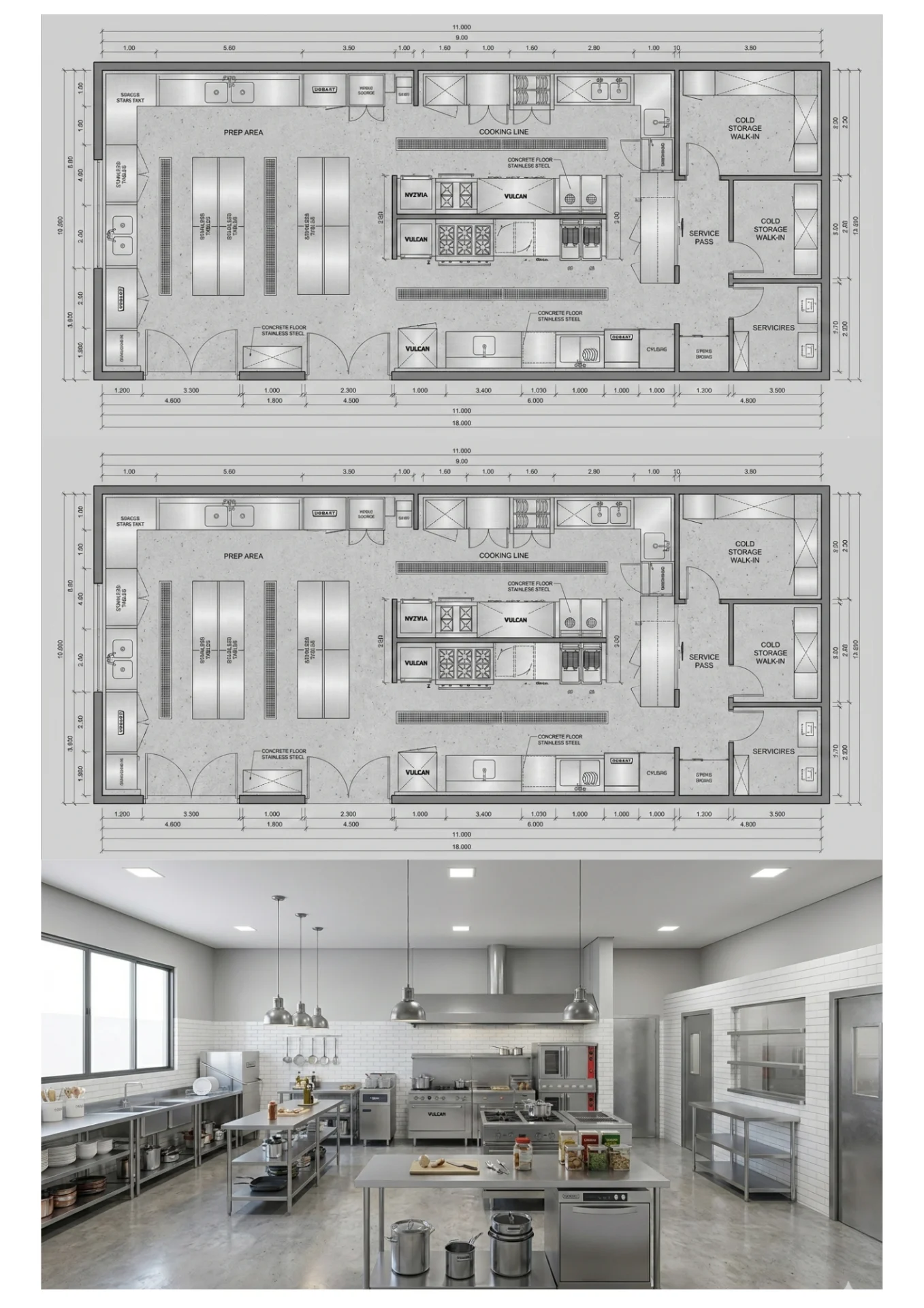 Plantas técnicas de uma cozinha industrial profissional, com áreas de preparo, linhas de cocção, estocagem fria e serviços, acompanhadas de um render realista do ambiente finalizado, mostrando bancadas em aço inox, equipamentos industriais e layout otimizado para fluxo operacional.