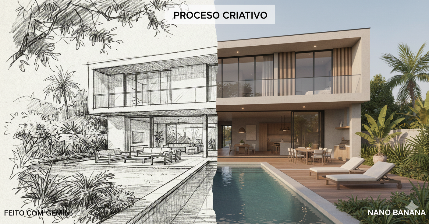Imagem comparativa mostrando o processo criativo de uma casa contemporânea: à esquerda, um croqui arquitetônico feito à mão com linhas soltas e vegetação tropical; à direita, o mesmo projeto renderizado em 3D com realismo, iluminação natural, piscina, deck de madeira e fachada moderna. Gerado com Gemini e Nano Banana.