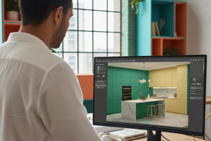 Designer analisando no computador um projeto de cozinha gerado por inteligência artificial, com combinações de cores, materiais e volumes totalmente renderizados. Ambiente de estúdio criativo com janelas amplas e estantes coloridas ao fundo.