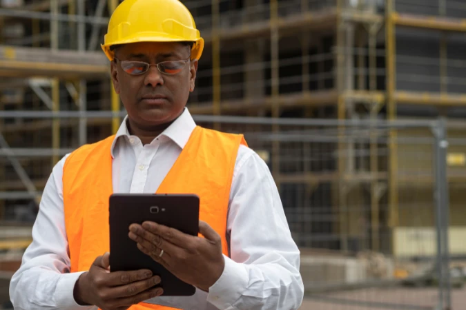 Engenheiro em campo utilizando tablet para acompanhar cronograma e decisões do projeto de engenharia.