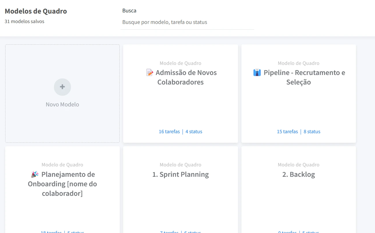 Tela do FlowUp exibindo modelos de quadros prontos para organizar projetos recorrentes, com estruturas reutilizáveis e histórico centralizado.