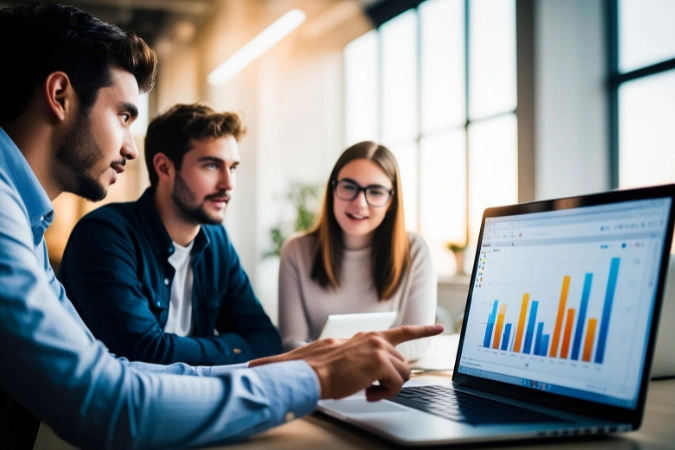 Equipe analisando gráficos no computador durante discussão sobre SWOT x Análise PESTEL.