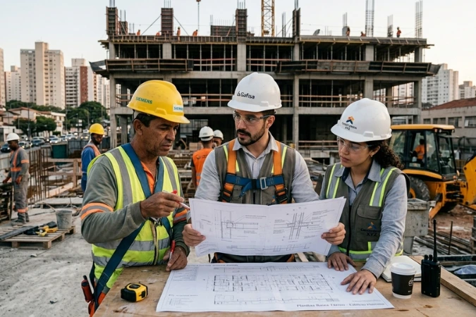 Engenheiros e profissionais da obra analisando planta técnica para resolver dúvidas de execução