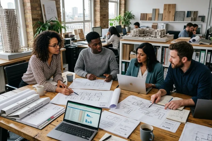 Equipe multidisciplinar analisando plantas arquitetônicas e discutindo projetos em escritório profissional