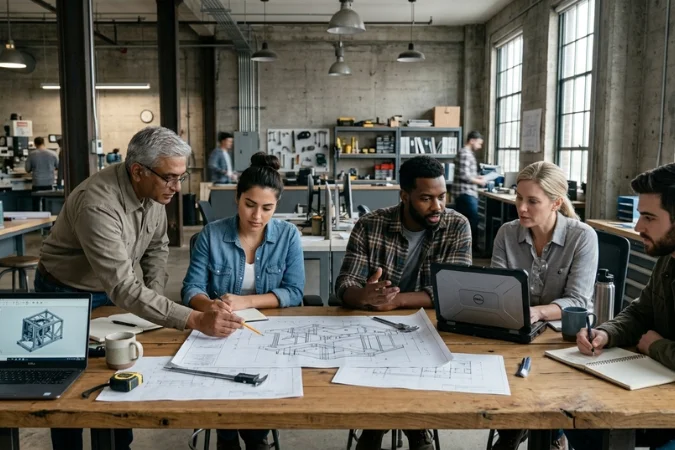 engenheiros analisando plantas técnicas e organizando etapas do fluxo de trabalho em escritório industrial