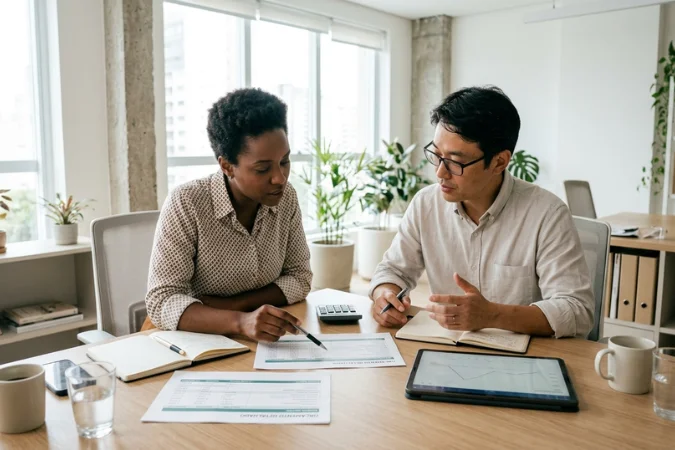 Profissionais analisando planilha de custos e discutindo dados financeiros de projetos em reunião de escritório