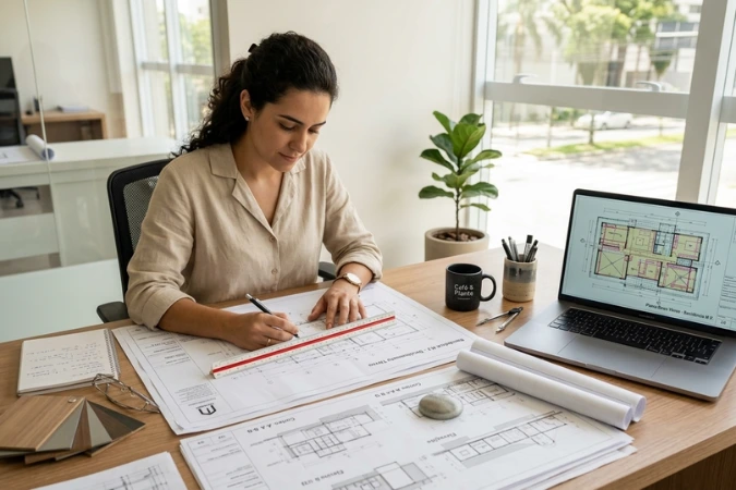 Arquiteta revisando planta arquitetônica com régua e computador para melhorar o detalhamento do projeto executivo
