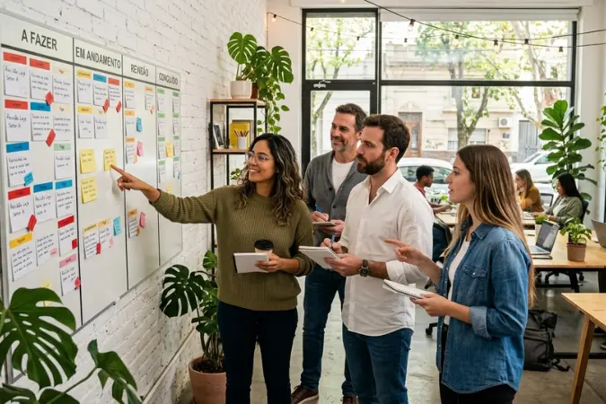 Equipe analisando quadro Kanban com tarefas distribuídas entre colunas de trabalho