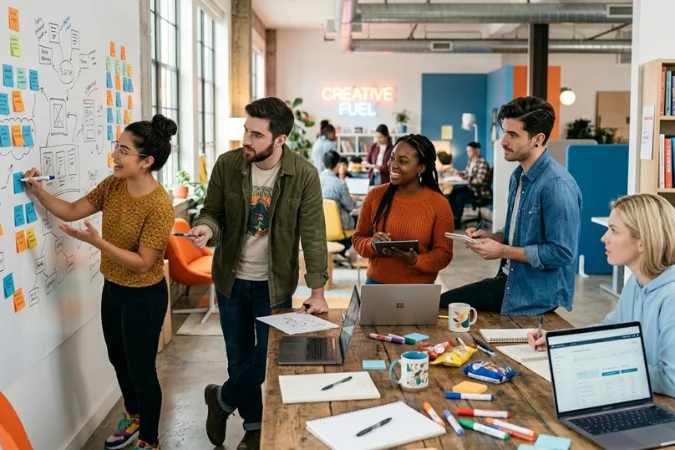 equipe de marketing organizando tarefas e ideias em quadro visual durante planejamento de projetos
