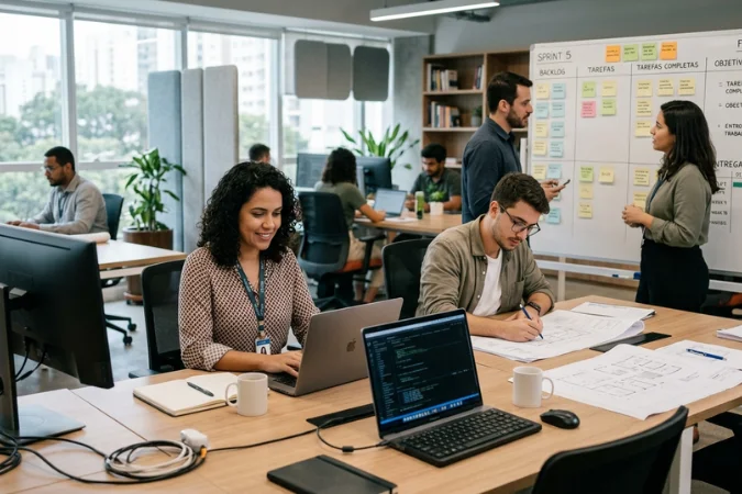 Equipe multidisciplinar trabalhando em escritório moderno com quadro de tarefas e organização de projetos ao fundo