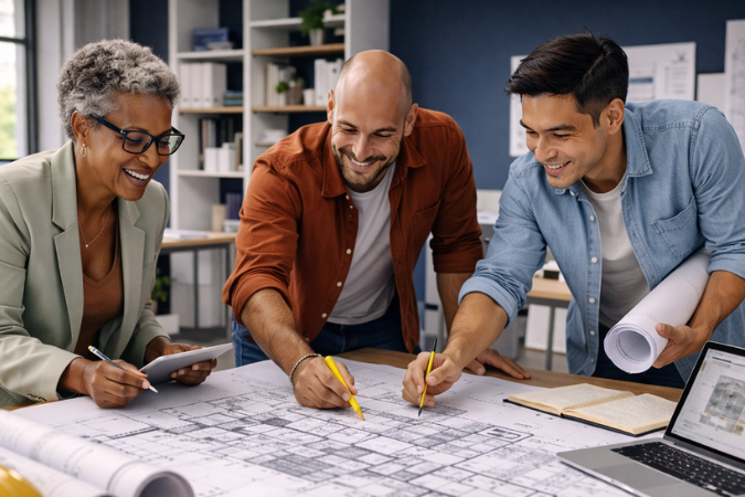 Equipe de profissionais revisando planta arquitetônica em mesa de trabalho durante processo de compatibilização de projetos