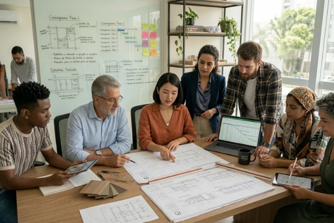 Equipe multidisciplinar revisando plantas arquitetônicas e detalhamento técnico em reunião de projeto