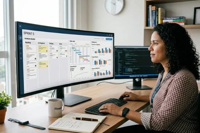 Profissional utilizando software de gestão com dashboard de projetos, kanban e gráficos financeiros em monitor amplo