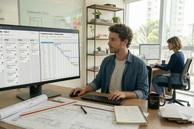 Profissional de arquitetura utilizando software de gestão de projetos com cronograma e tarefas no computador
