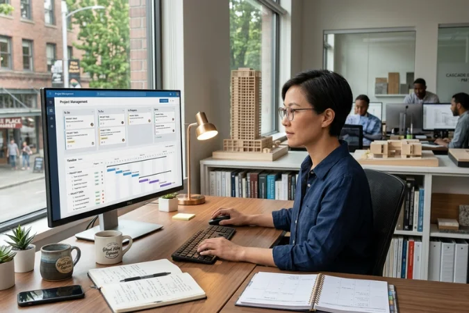 Profissional utilizando software de gestão de projetos em monitor para acompanhar tarefas e cronograma em escritório