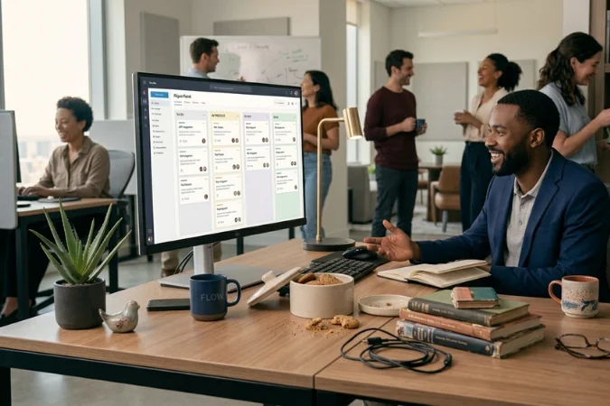 profissional utilizando software de gestão com quadro kanban para organizar fluxo de trabalho e tarefas