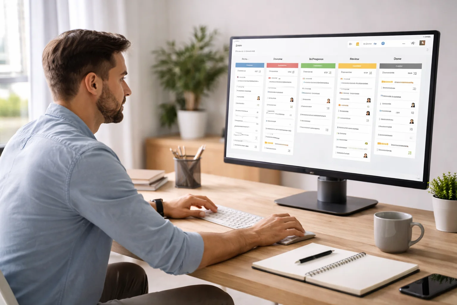 Profissional trabalhando em computador com software de gestão exibindo fluxo de trabalho em Kanban