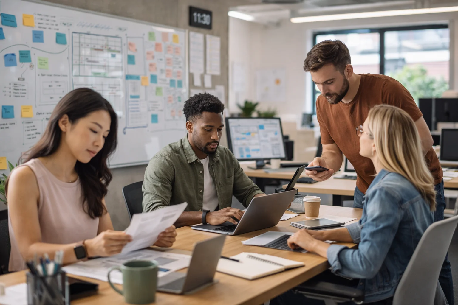Equipe trabalhando em escritório com tarefas, documentos e organização de fluxo de trabalho no dia a dia