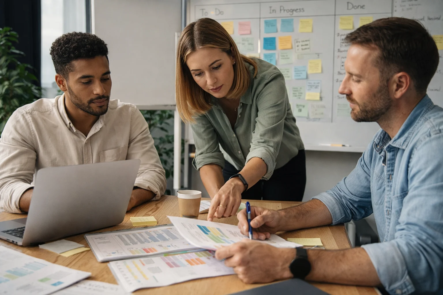 Equipe organizando tarefas e discutindo prioridades em uma reunião de gestão de pauta