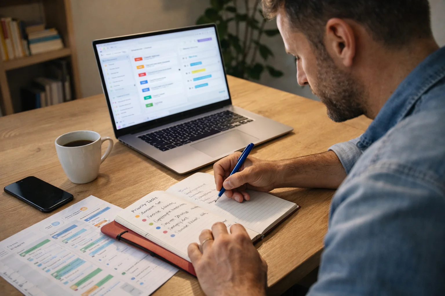 Profissional organizando lista de tarefas e prioridades como parte da gestão de pauta