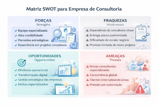 Matriz SWOT para empresa de consultoria mostrando forças, fraquezas, oportunidades e ameaças estratégicas do negócio