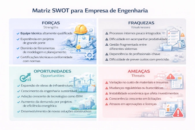 Matriz SWOT para empresa de engenharia com análise de forças, fraquezas, oportunidades e ameaças no setor