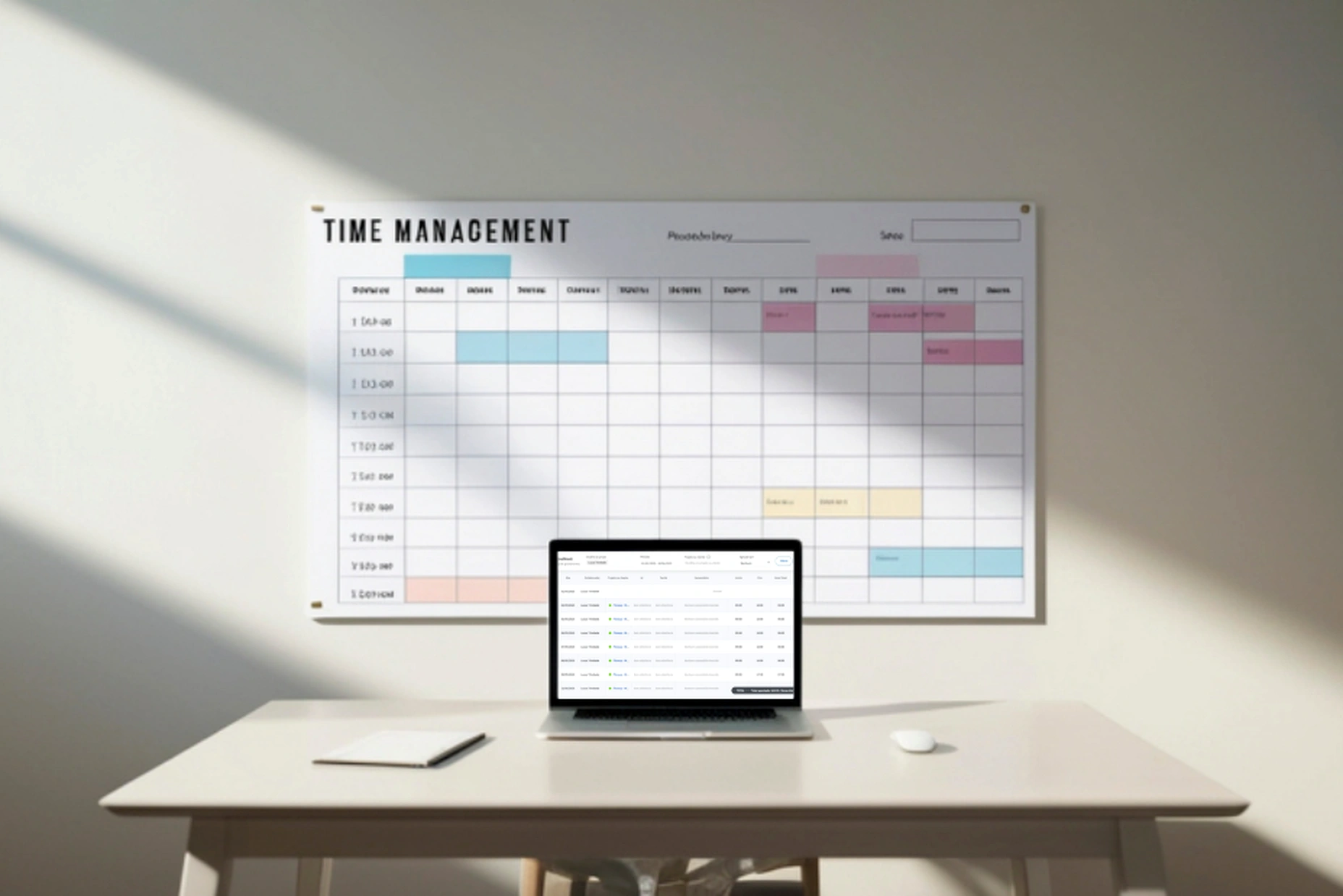 Tela de timesheet do FlowUp exibida em um laptop com quadro de planejamento de time management ao fundo, representando gestão de tempo e aplicação de timebox em projetos.