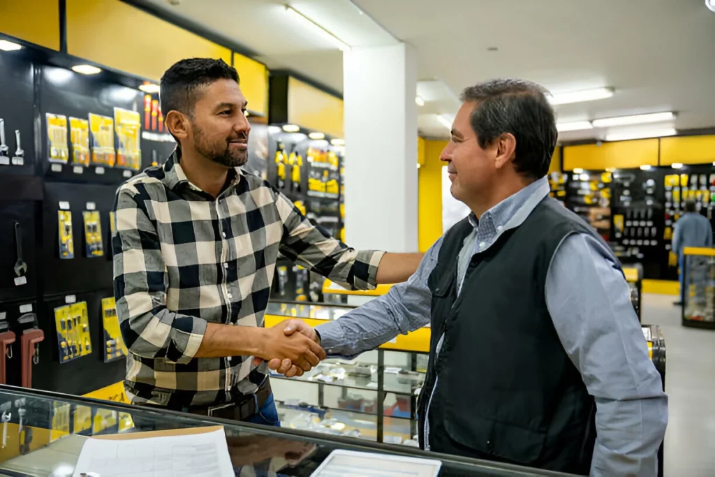 Cliente apertando a mão do atendente que o ajuda na loja de ferragens