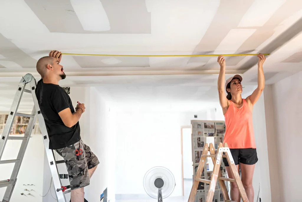 A couple undergoing renovations measure the distances to place the spotlights on the ceiling during an electrical renovation