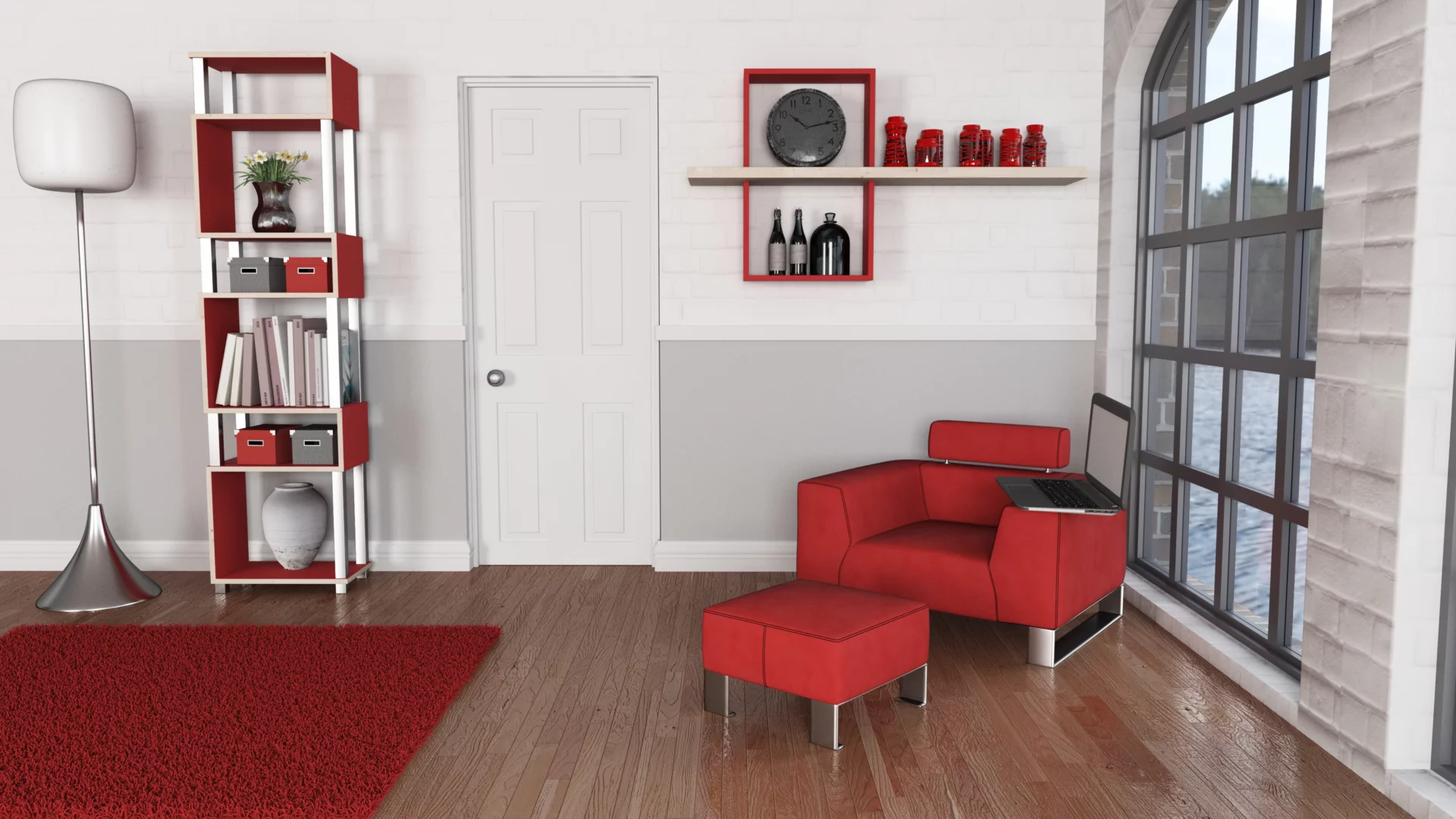 "Espaço de leitura moderno com poltrona vermelha, estante e objetos decorativos na mesma cor, exemplificando aplicação pontual do vermelho em interiores."